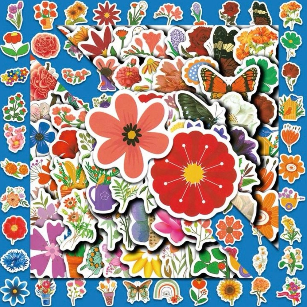 100 Colorful Flower Stickers Insects Nature Garden Blossoms - Picture 3 of 11